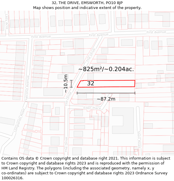 32, THE DRIVE, EMSWORTH, PO10 8JP: Plot and title map