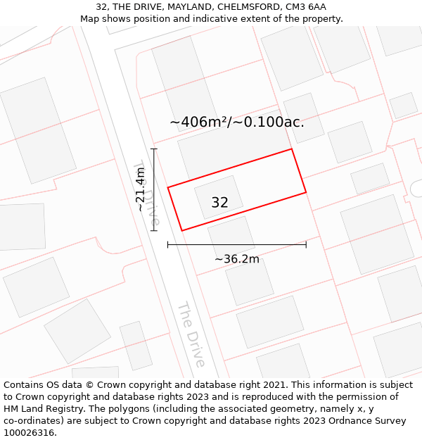 32, THE DRIVE, MAYLAND, CHELMSFORD, CM3 6AA: Plot and title map