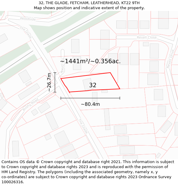32, THE GLADE, FETCHAM, LEATHERHEAD, KT22 9TH: Plot and title map