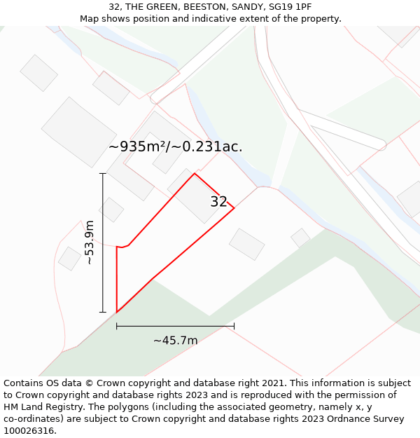 32, THE GREEN, BEESTON, SANDY, SG19 1PF: Plot and title map