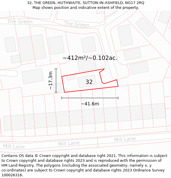 32, THE GREEN, HUTHWAITE, SUTTON-IN-ASHFIELD, NG17 2RQ: Plot and title map