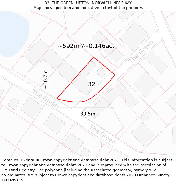 32, THE GREEN, UPTON, NORWICH, NR13 6AY: Plot and title map