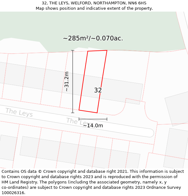 32, THE LEYS, WELFORD, NORTHAMPTON, NN6 6HS: Plot and title map