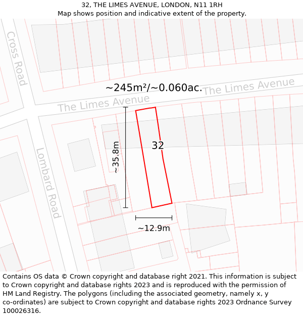 32, THE LIMES AVENUE, LONDON, N11 1RH: Plot and title map