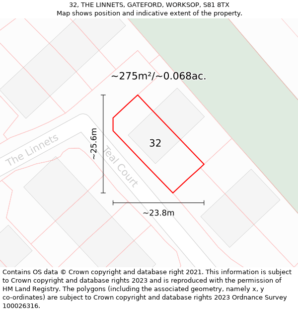 32, THE LINNETS, GATEFORD, WORKSOP, S81 8TX: Plot and title map