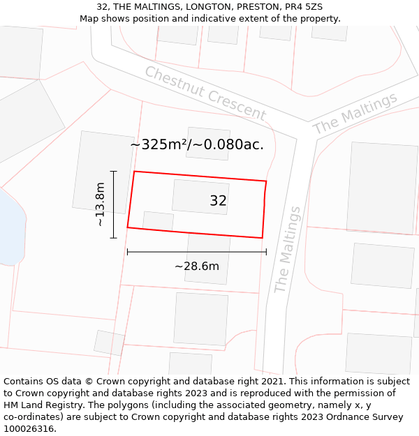 32, THE MALTINGS, LONGTON, PRESTON, PR4 5ZS: Plot and title map