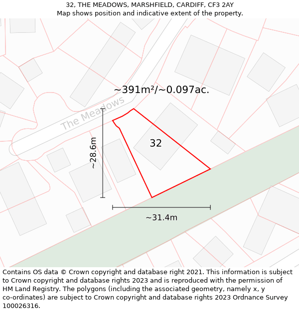 32, THE MEADOWS, MARSHFIELD, CARDIFF, CF3 2AY: Plot and title map