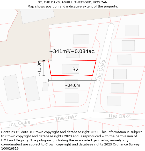 32, THE OAKS, ASHILL, THETFORD, IP25 7AN: Plot and title map