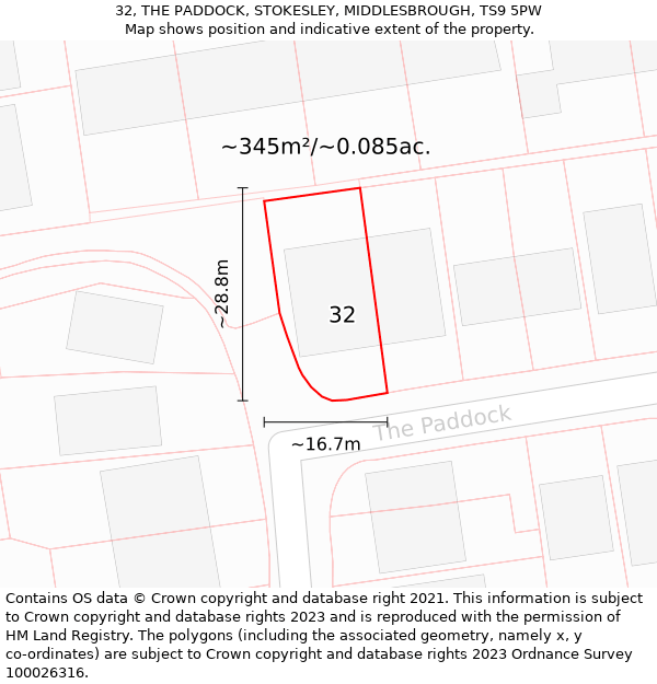 32, THE PADDOCK, STOKESLEY, MIDDLESBROUGH, TS9 5PW: Plot and title map