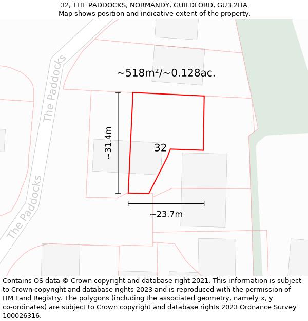 32, THE PADDOCKS, NORMANDY, GUILDFORD, GU3 2HA: Plot and title map