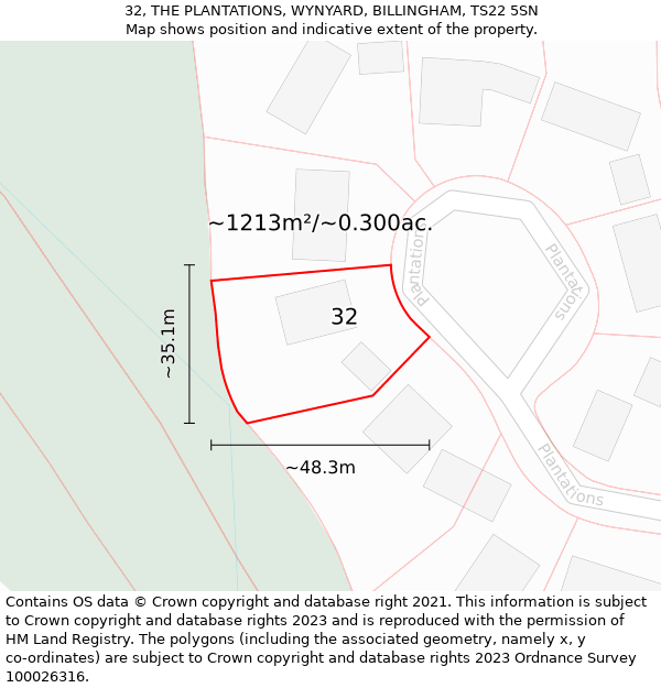 32, THE PLANTATIONS, WYNYARD, BILLINGHAM, TS22 5SN: Plot and title map