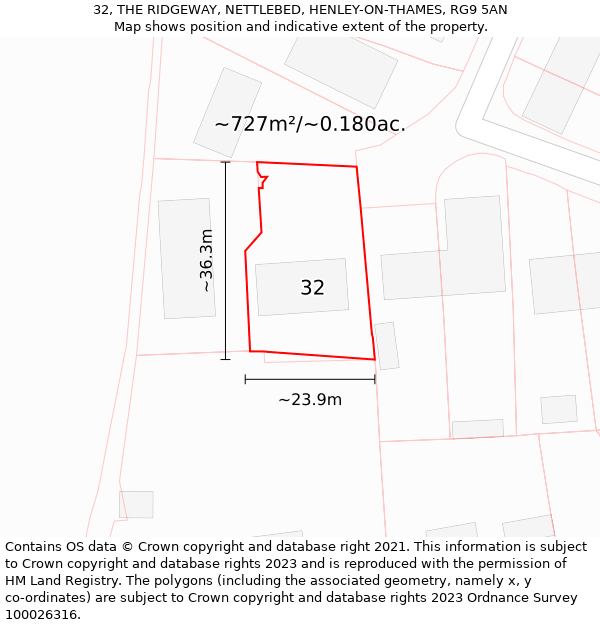 32, THE RIDGEWAY, NETTLEBED, HENLEY-ON-THAMES, RG9 5AN: Plot and title map