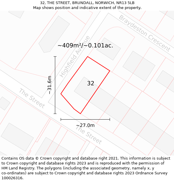 32, THE STREET, BRUNDALL, NORWICH, NR13 5LB: Plot and title map