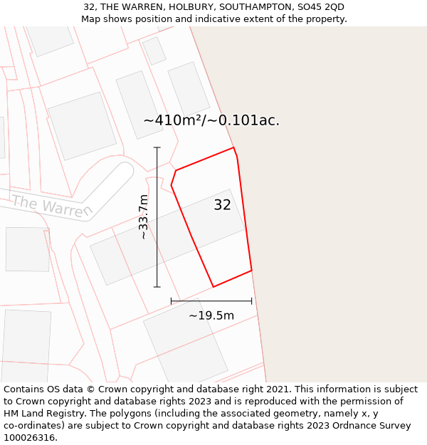 32, THE WARREN, HOLBURY, SOUTHAMPTON, SO45 2QD: Plot and title map