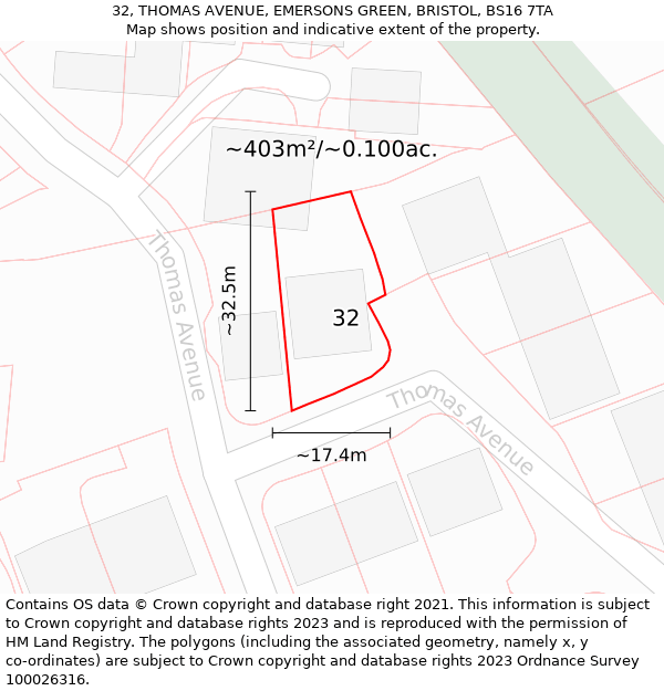 32, THOMAS AVENUE, EMERSONS GREEN, BRISTOL, BS16 7TA: Plot and title map