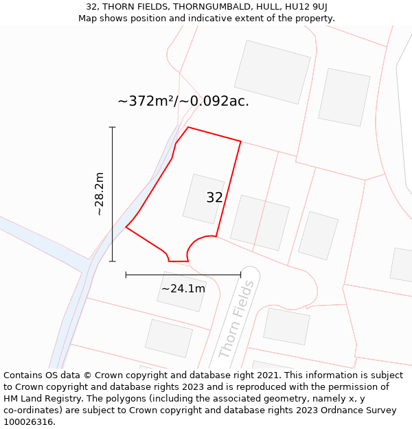 32, THORN FIELDS, THORNGUMBALD, HULL, HU12 9UJ: Plot and title map