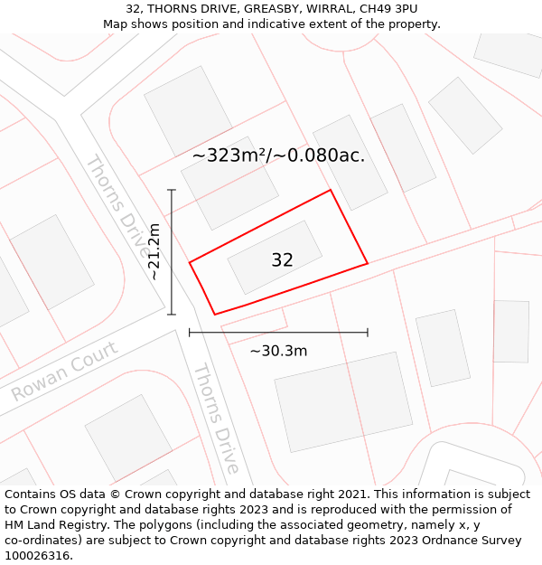 32, THORNS DRIVE, GREASBY, WIRRAL, CH49 3PU: Plot and title map