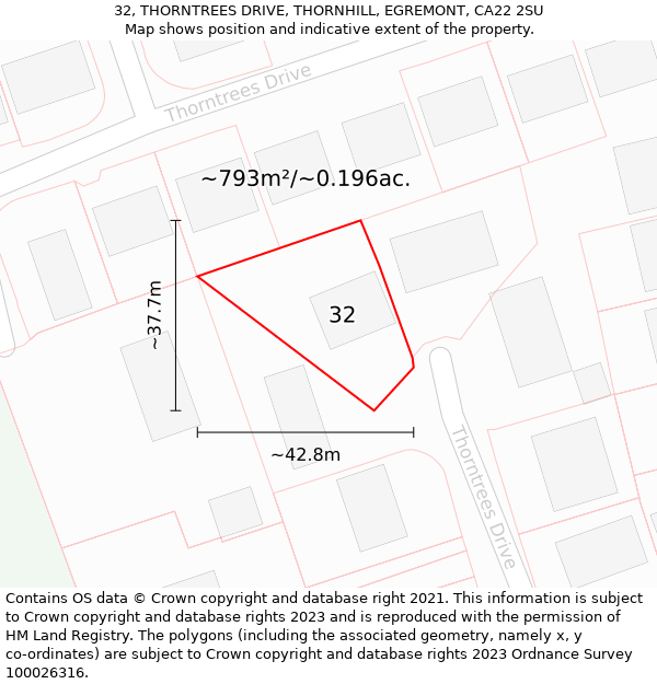 32, THORNTREES DRIVE, THORNHILL, EGREMONT, CA22 2SU: Plot and title map