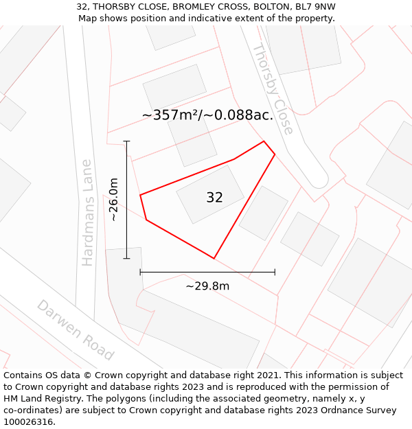32, THORSBY CLOSE, BROMLEY CROSS, BOLTON, BL7 9NW: Plot and title map