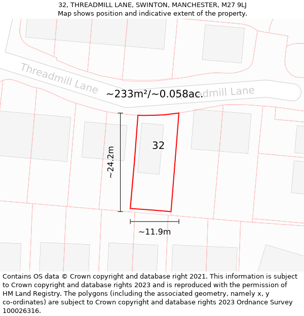 32, THREADMILL LANE, SWINTON, MANCHESTER, M27 9LJ: Plot and title map