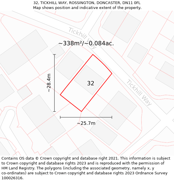 32, TICKHILL WAY, ROSSINGTON, DONCASTER, DN11 0FL: Plot and title map