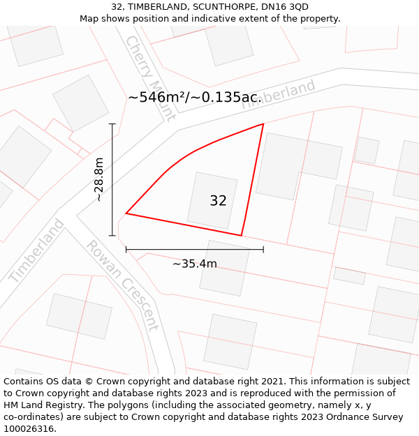 32, TIMBERLAND, SCUNTHORPE, DN16 3QD: Plot and title map