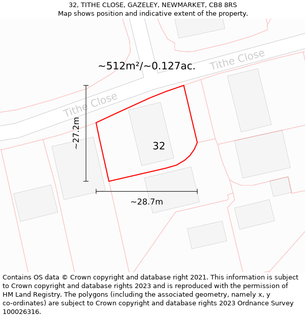 32, TITHE CLOSE, GAZELEY, NEWMARKET, CB8 8RS: Plot and title map