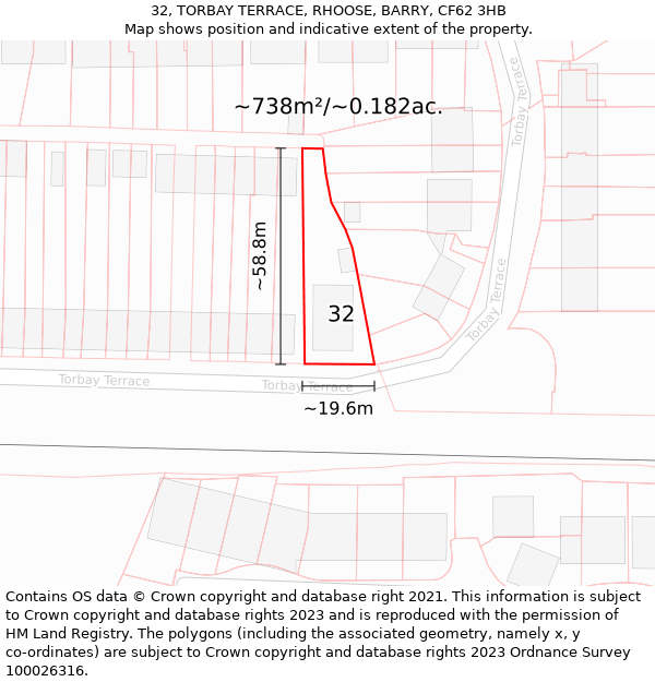 32, TORBAY TERRACE, RHOOSE, BARRY, CF62 3HB: Plot and title map