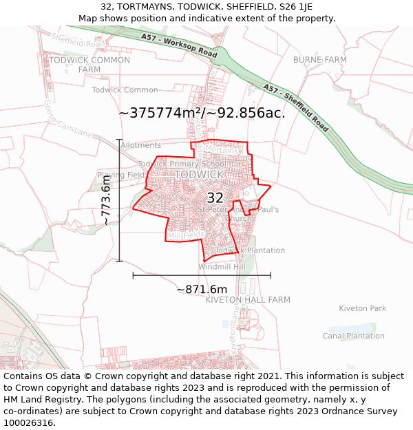 32, TORTMAYNS, TODWICK, SHEFFIELD, S26 1JE: Plot and title map