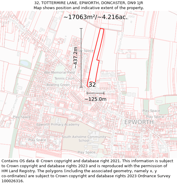 32, TOTTERMIRE LANE, EPWORTH, DONCASTER, DN9 1JR: Plot and title map