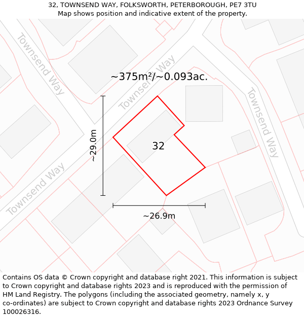 32, TOWNSEND WAY, FOLKSWORTH, PETERBOROUGH, PE7 3TU: Plot and title map