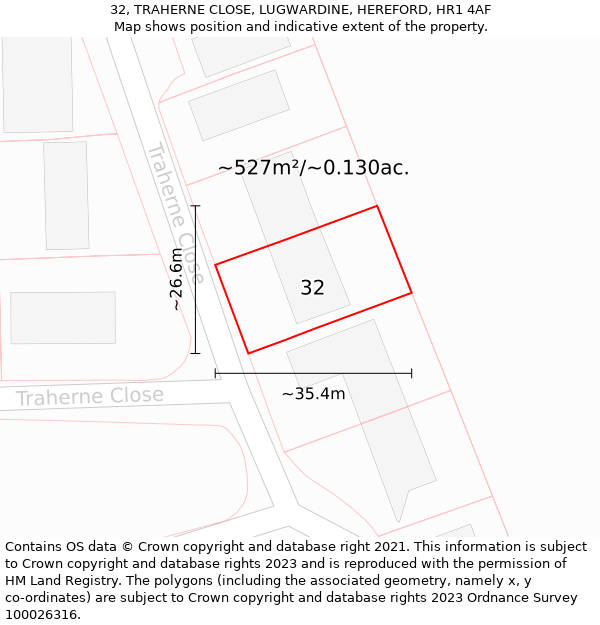 32, TRAHERNE CLOSE, LUGWARDINE, HEREFORD, HR1 4AF: Plot and title map