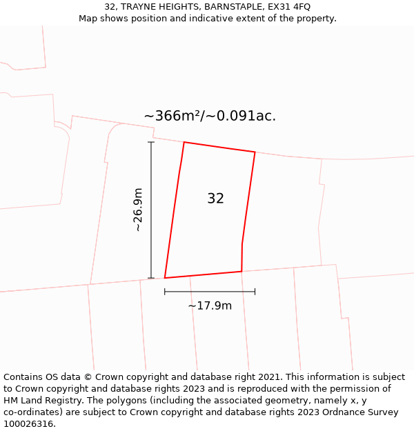 32, TRAYNE HEIGHTS, BARNSTAPLE, EX31 4FQ: Plot and title map