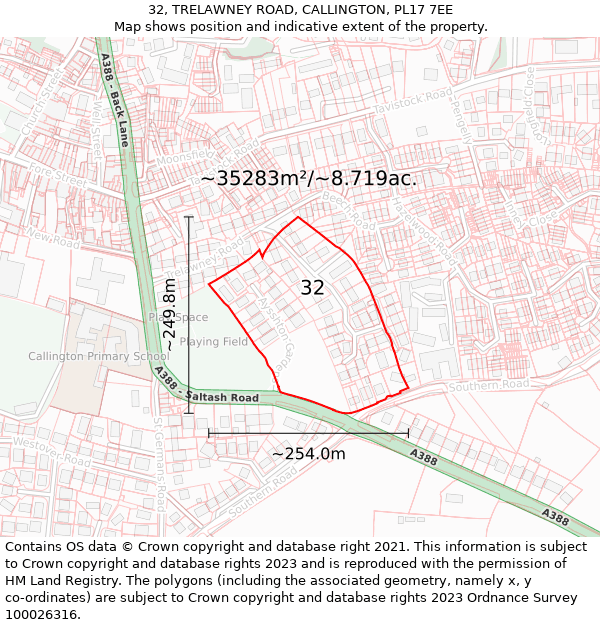 32, TRELAWNEY ROAD, CALLINGTON, PL17 7EE: Plot and title map