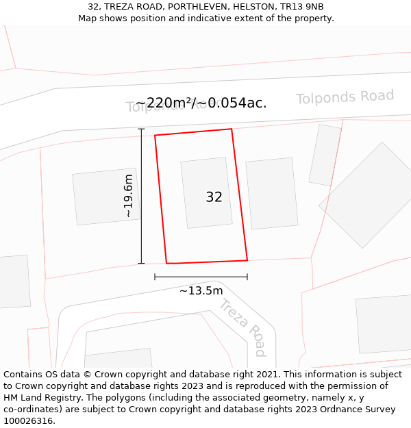 32, TREZA ROAD, PORTHLEVEN, HELSTON, TR13 9NB: Plot and title map