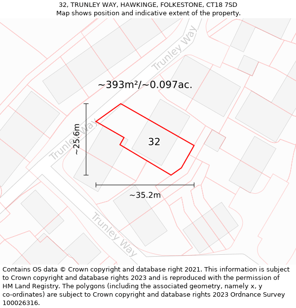 32, TRUNLEY WAY, HAWKINGE, FOLKESTONE, CT18 7SD: Plot and title map