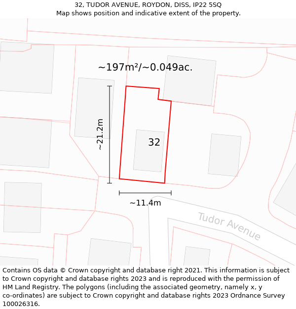 32, TUDOR AVENUE, ROYDON, DISS, IP22 5SQ: Plot and title map