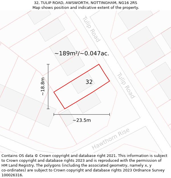 32, TULIP ROAD, AWSWORTH, NOTTINGHAM, NG16 2RS: Plot and title map