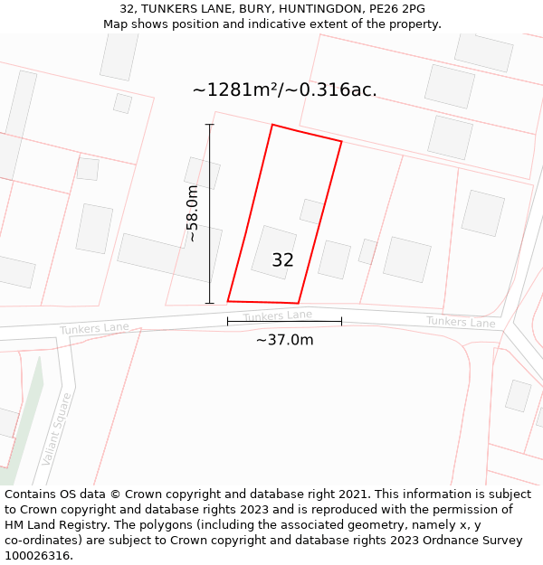 32, TUNKERS LANE, BURY, HUNTINGDON, PE26 2PG: Plot and title map