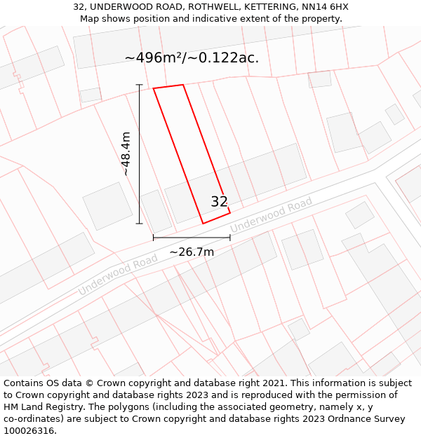 32, UNDERWOOD ROAD, ROTHWELL, KETTERING, NN14 6HX: Plot and title map