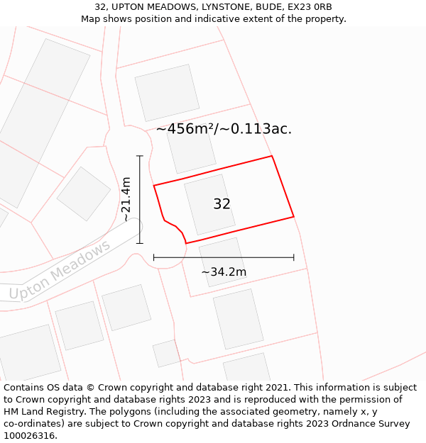 32, UPTON MEADOWS, LYNSTONE, BUDE, EX23 0RB: Plot and title map