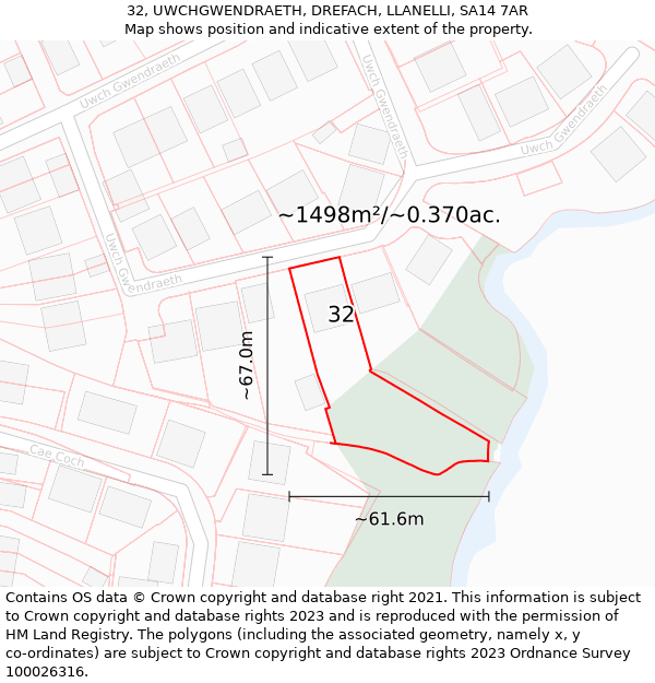 32, UWCHGWENDRAETH, DREFACH, LLANELLI, SA14 7AR: Plot and title map