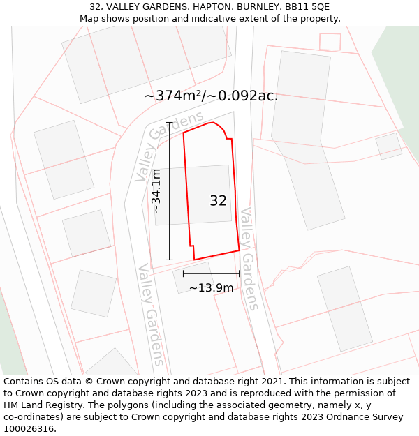 32, VALLEY GARDENS, HAPTON, BURNLEY, BB11 5QE: Plot and title map