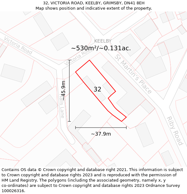 32, VICTORIA ROAD, KEELBY, GRIMSBY, DN41 8EH: Plot and title map