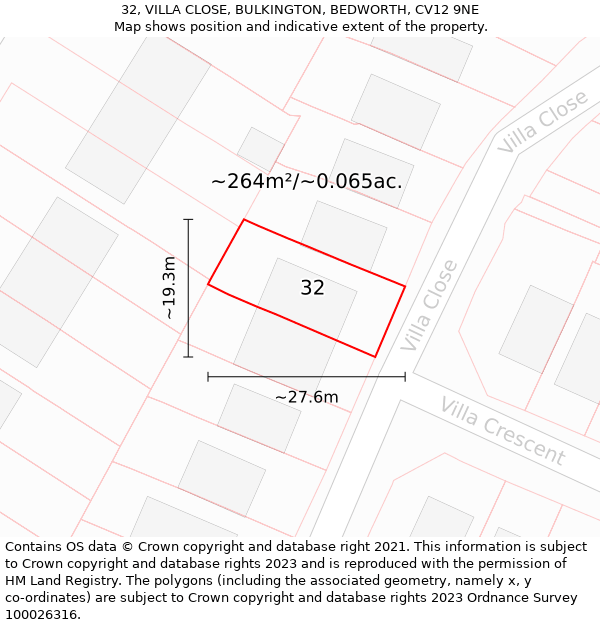 32, VILLA CLOSE, BULKINGTON, BEDWORTH, CV12 9NE: Plot and title map