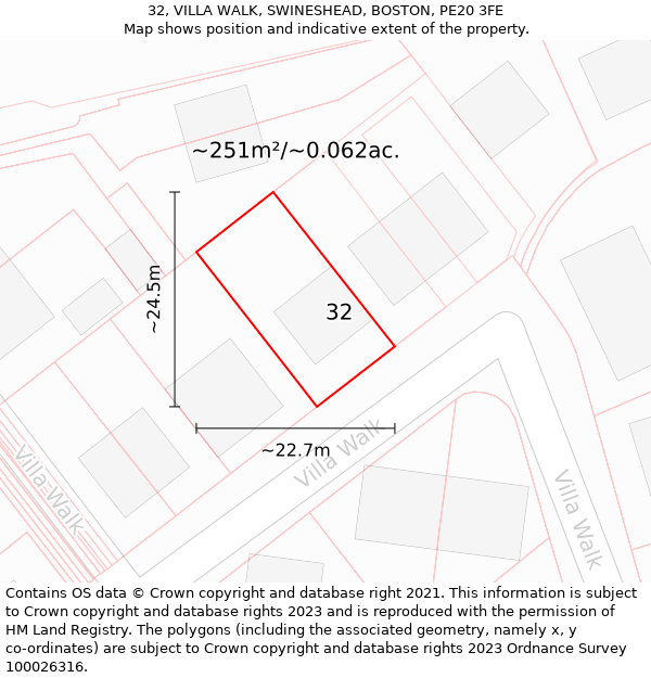 32, VILLA WALK, SWINESHEAD, BOSTON, PE20 3FE: Plot and title map