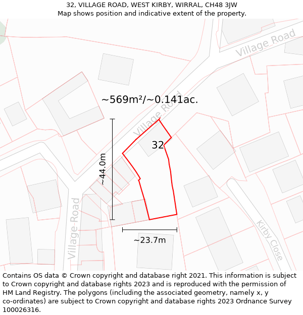 32, VILLAGE ROAD, WEST KIRBY, WIRRAL, CH48 3JW: Plot and title map