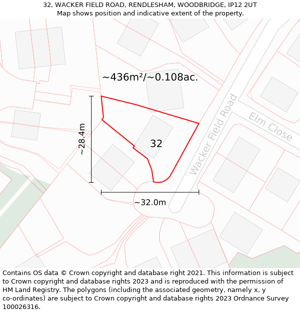 32, WACKER FIELD ROAD, RENDLESHAM, WOODBRIDGE, IP12 2UT: Plot and title map