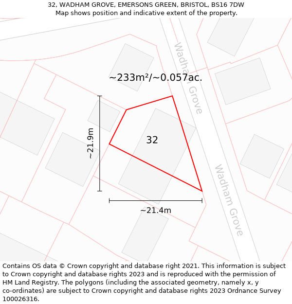 32, WADHAM GROVE, EMERSONS GREEN, BRISTOL, BS16 7DW: Plot and title map