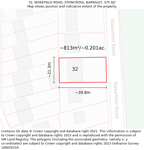 32, WAKEFIELD ROAD, STAINCROSS, BARNSLEY, S75 6JY: Plot and title map